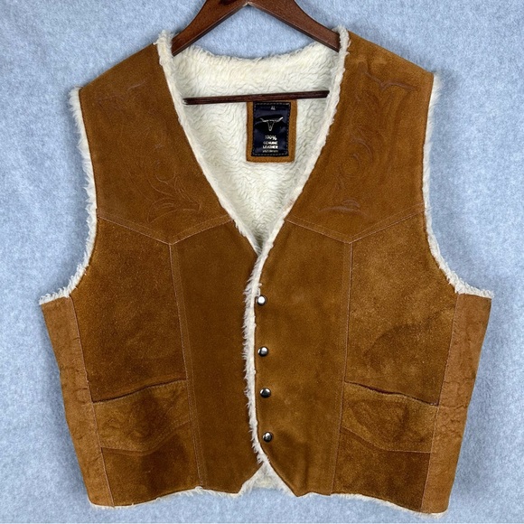 Vintage 100% Leather Sherpa Lined Vest Mens XL Brown Western Cowboy Mexico Made - Picture 1 of 16